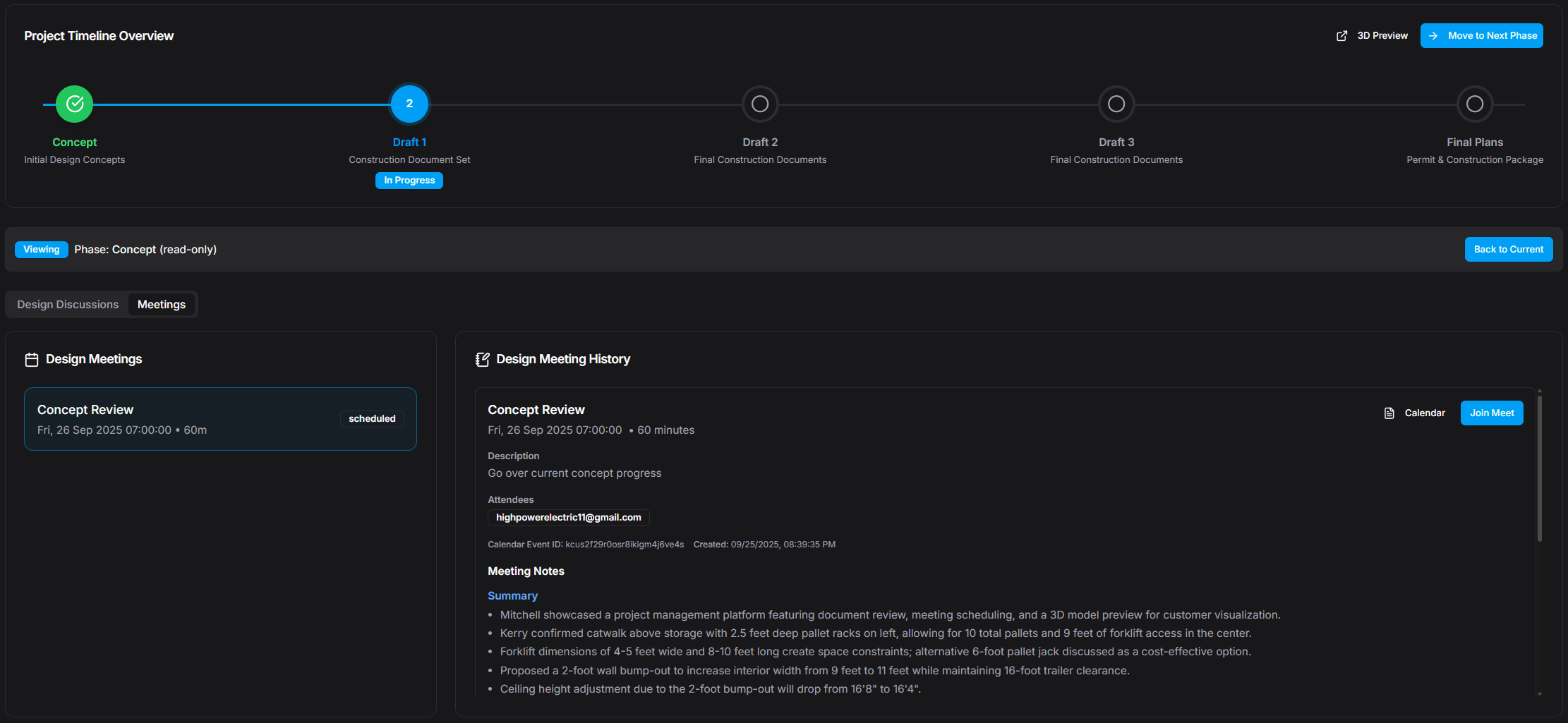 Design Studio Interface - Project management hub with document organization