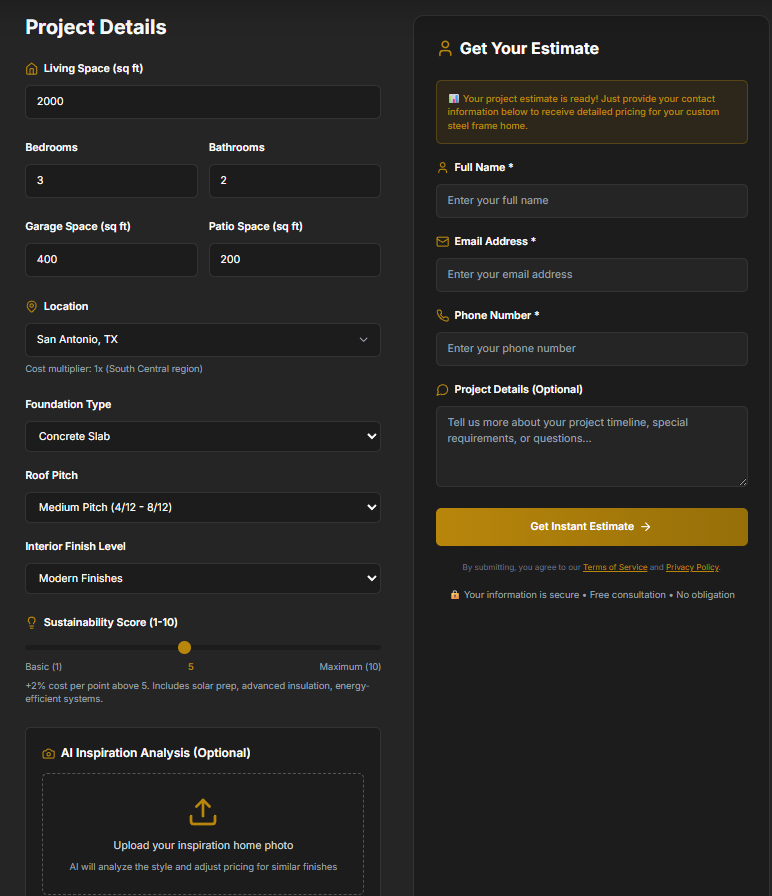 Cost Calculator Interface - Interactive project estimation tool with lead capture